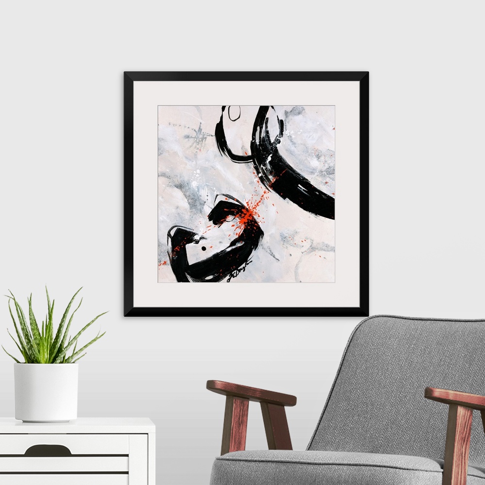 A modern room featuring A fierce abstract contemporary painting with bold, dark strokes moving purposefully over the neut...
