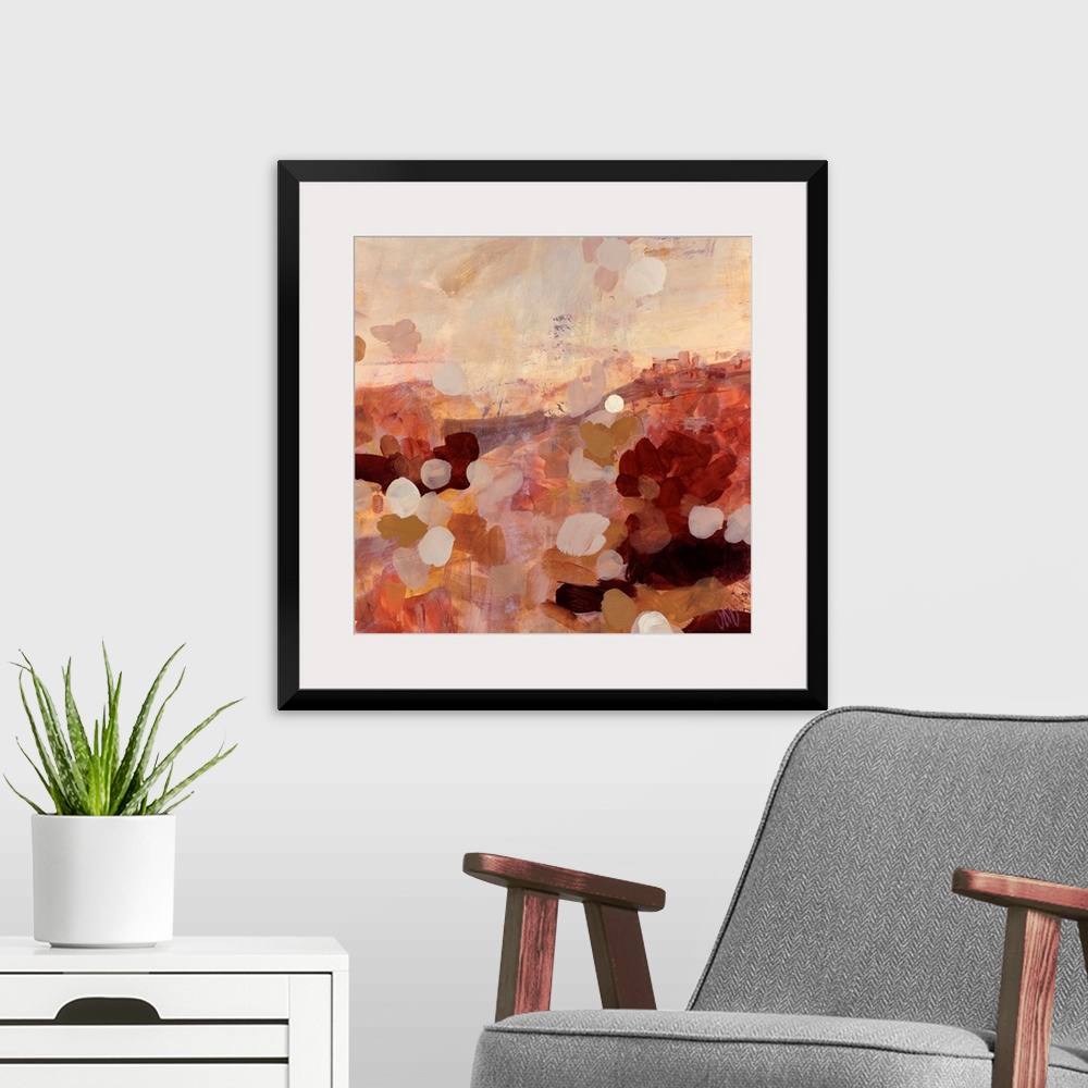 A modern room featuring Earth tone abstract painting of layered paint daubs on top of wide brush strokes.