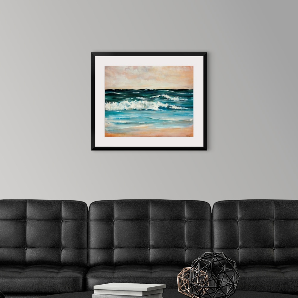 A modern room featuring Contemporary painting of crashing waves on a beach on a cloudy day.