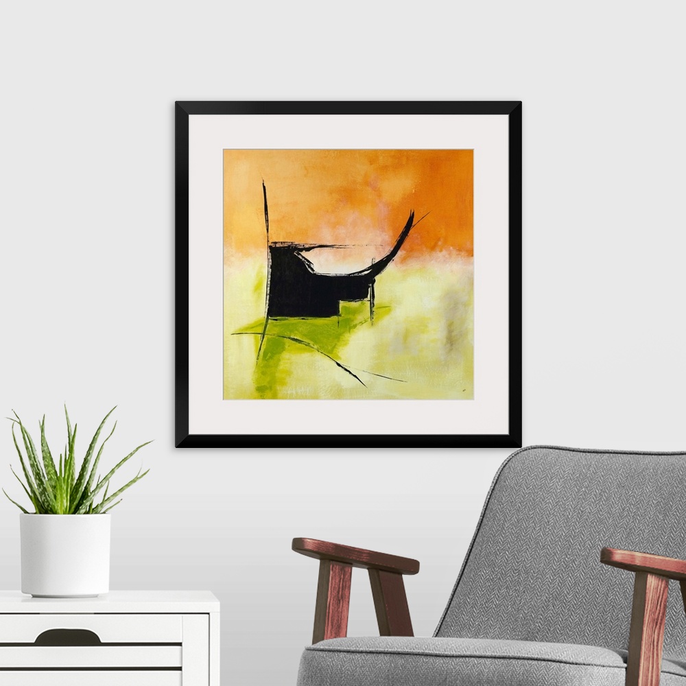 A modern room featuring Square abstract painting in bright orange and green hues with a black design.