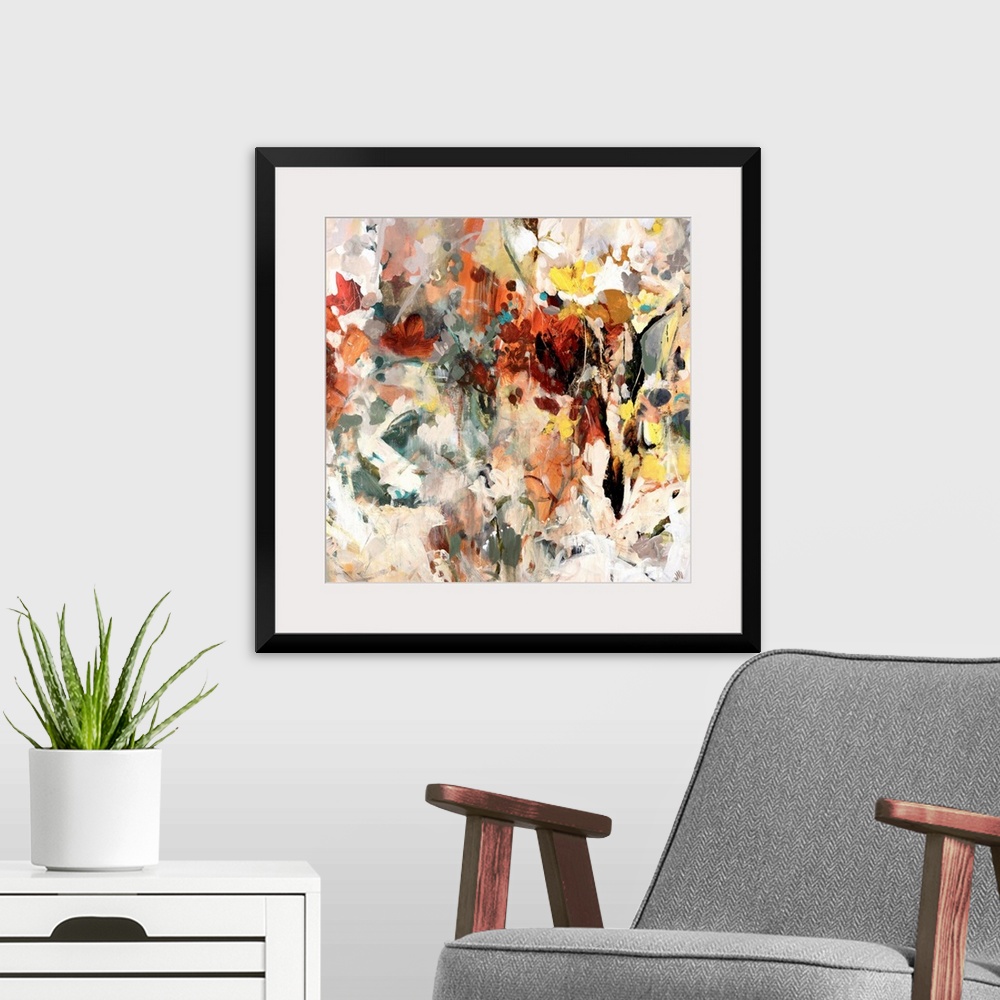 A modern room featuring Office docor wall art of a square painting created with spontaneous brush strokes built up to mak...