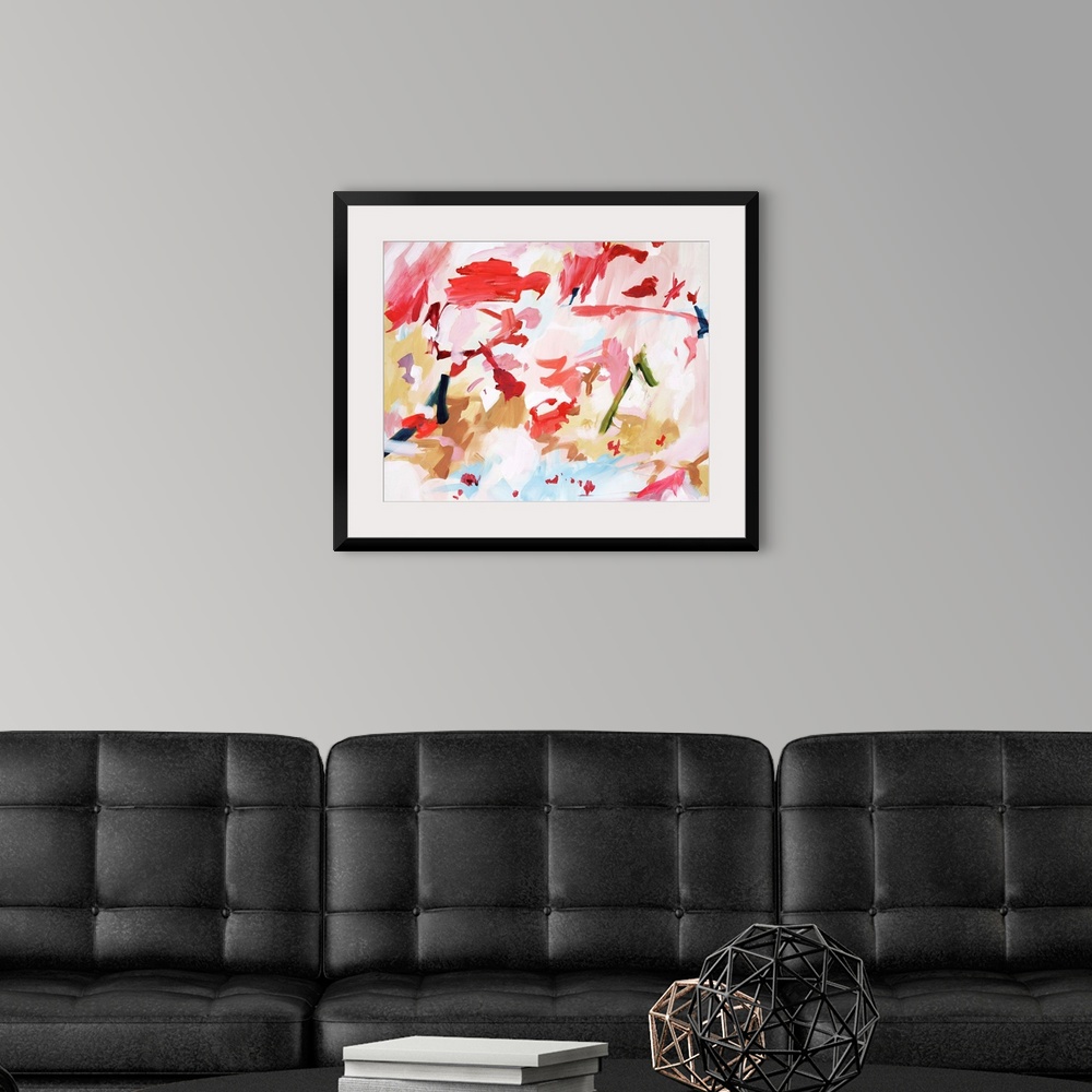 A modern room featuring Colorful contemporary abstract painting consisting of short brush strokes in blush pinks, scarlet...