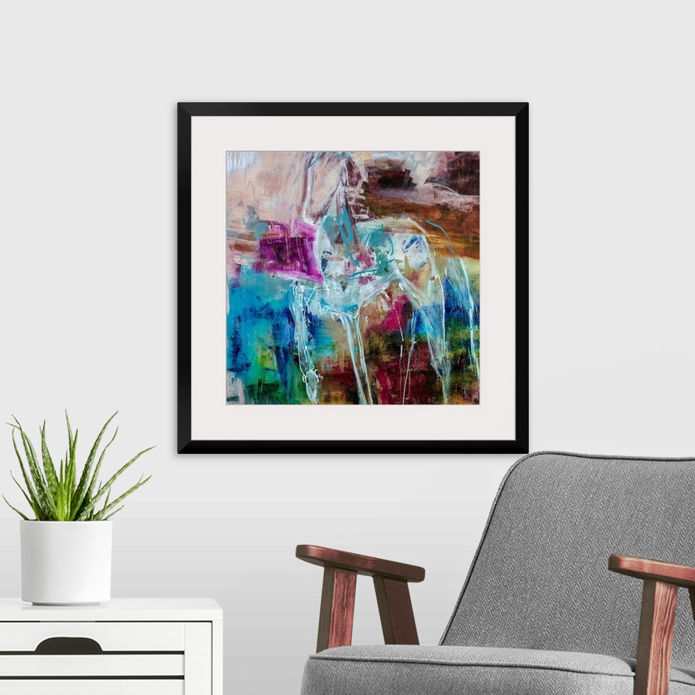 A modern room featuring Abstract painting of a pony outlined in white, complemented by splotches of vibrant purple and br...