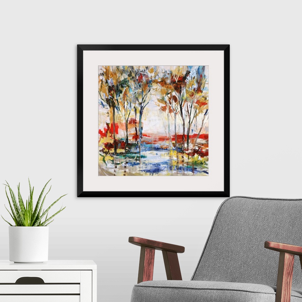 A modern room featuring Contemporary painting of a grove of vibrant trees, surrounded by a multicolored playful landscape.