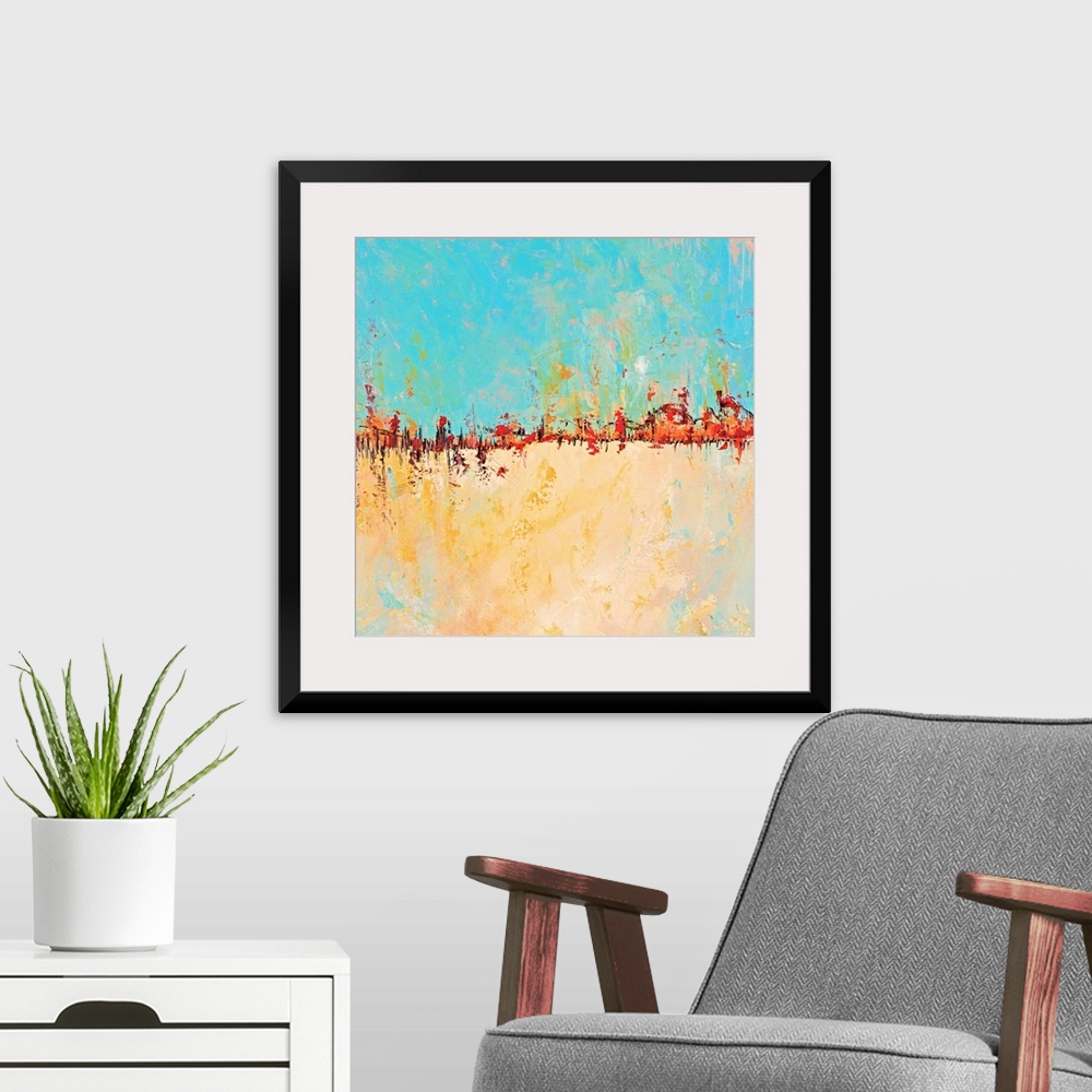 A modern room featuring Contemporary abstract painting with bright turquoise and gold separated by intense orange.
