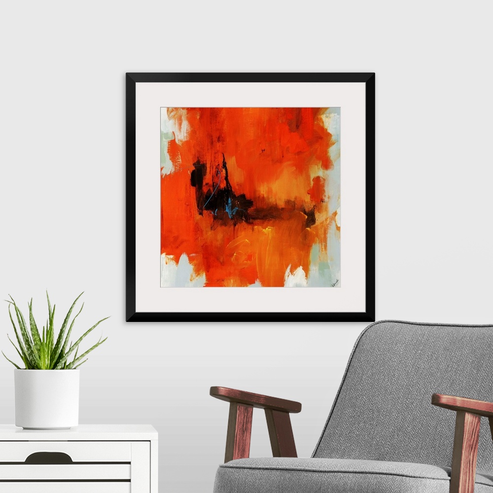 A modern room featuring Abstract painting on a square canvas of large bright warm paint strokes contrasted against lighte...