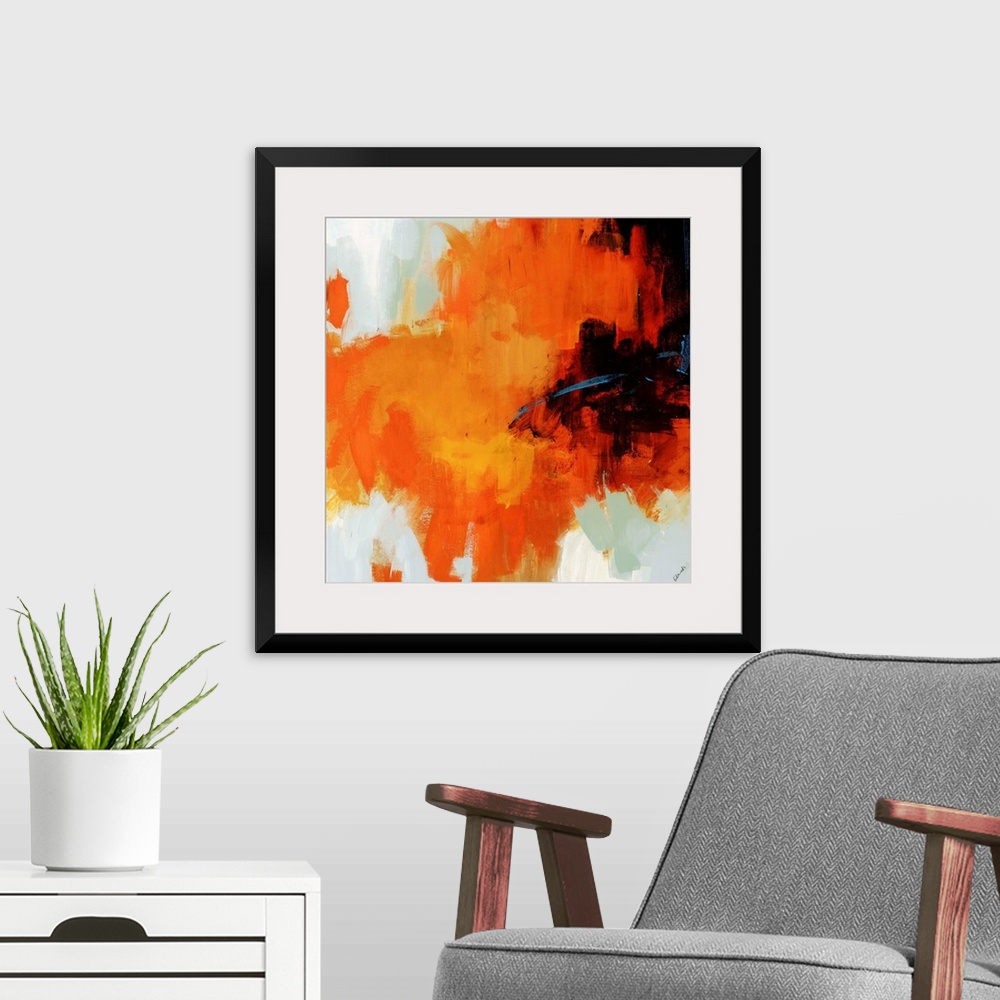 A modern room featuring Contemporary abstract artwork featuring vibrant streaks of color on a blank background creating a...