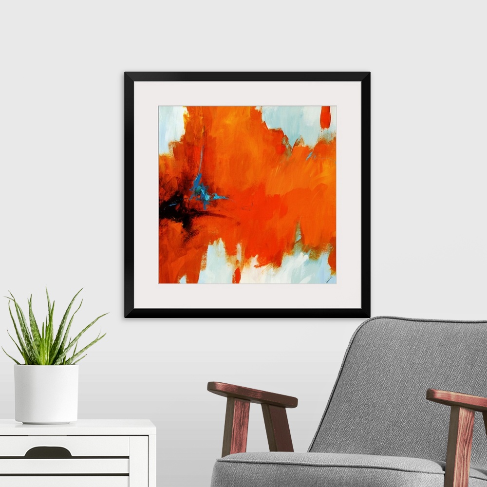 A modern room featuring Contemporary painting on a square canvas of an abstract vision involving intense, hot color retre...