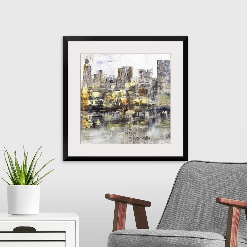 A modern room featuring Square abstract painting of a city skyline with tall buildings in dark shades of gray and brown w...