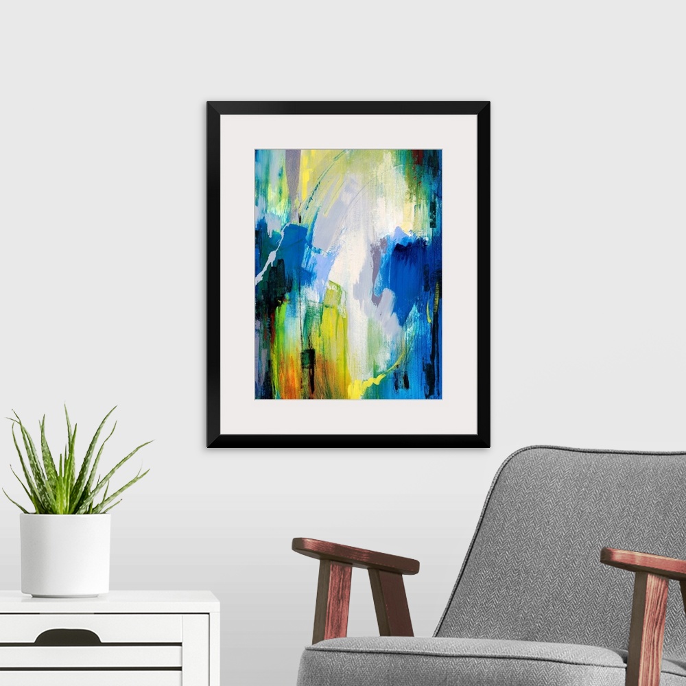 A modern room featuring Contemporary abstract painting with bright, cool strokes of color great for home or office docor.