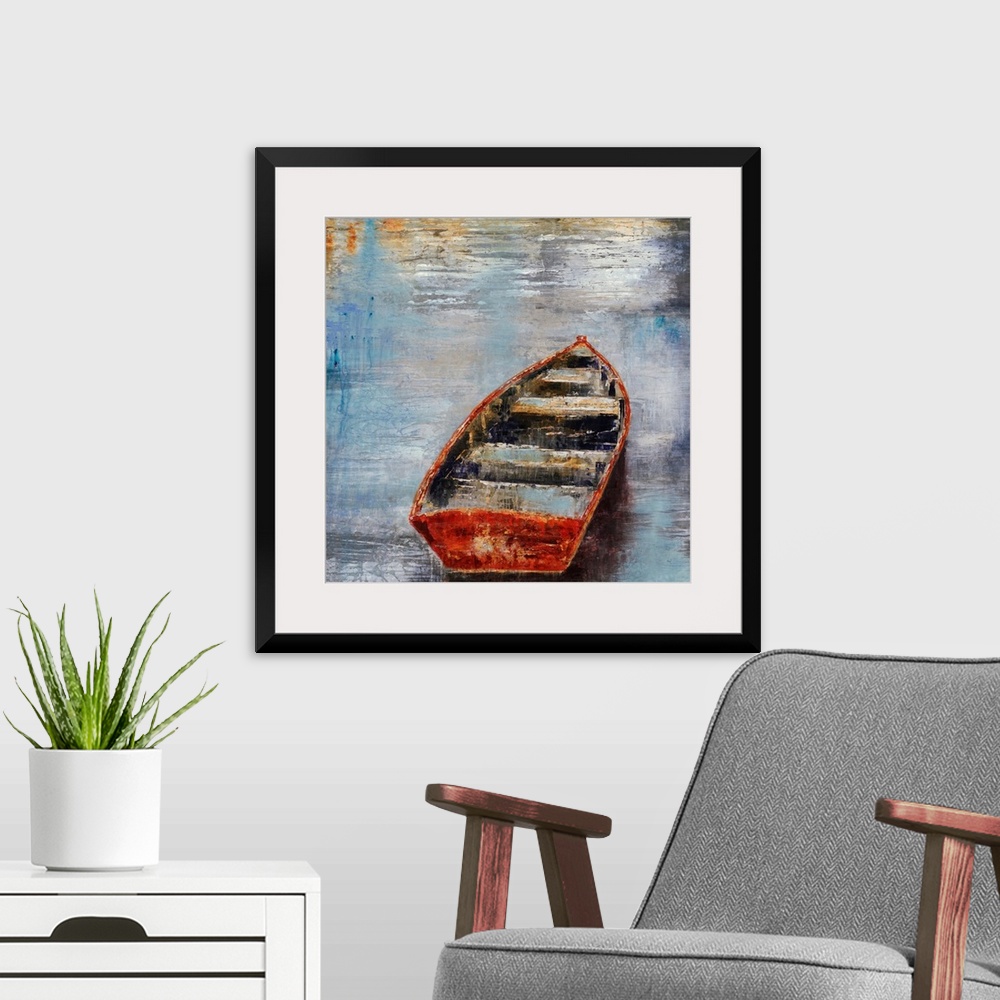 A modern room featuring Textured painting of an empty rowboat sitting in calm water at sunset.