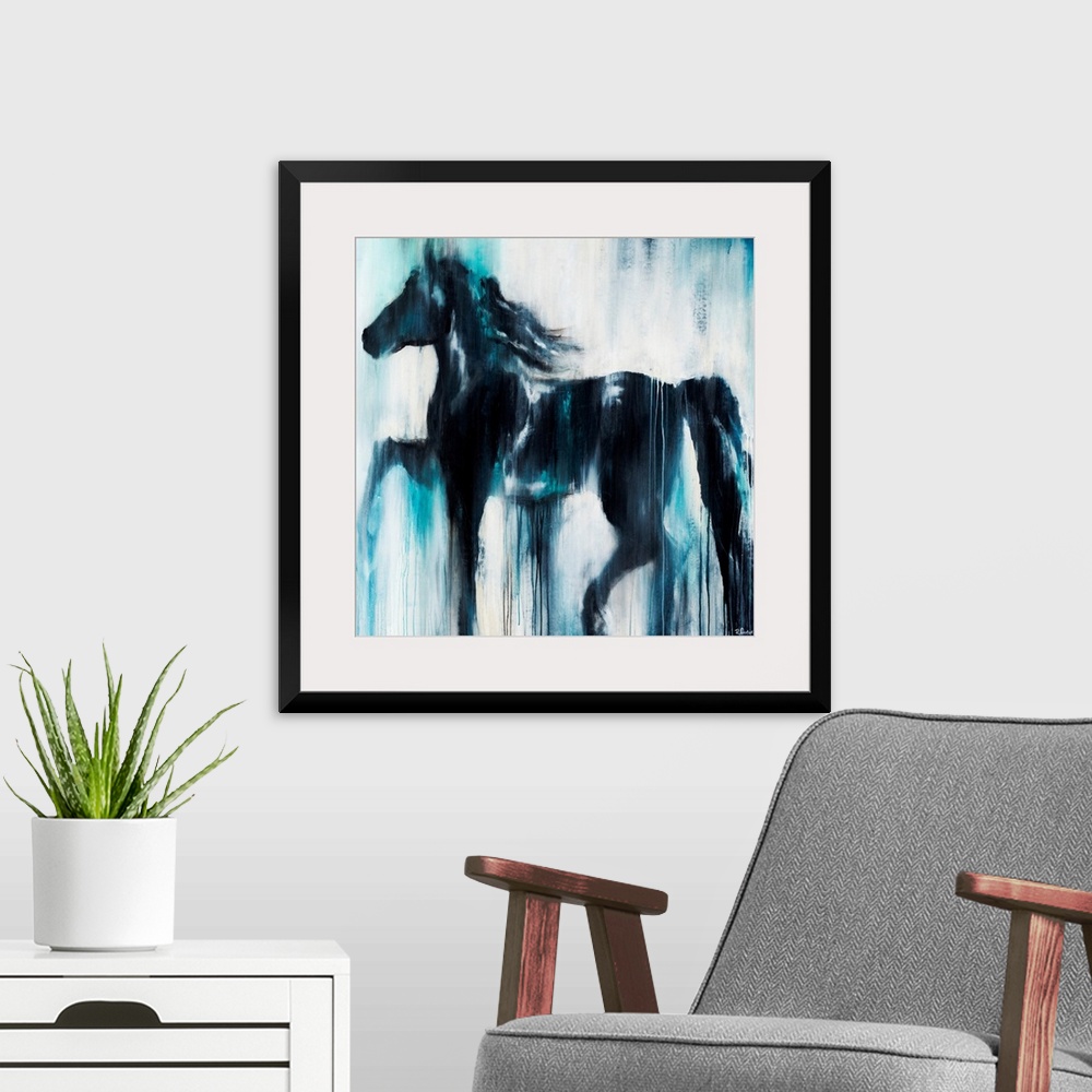 A modern room featuring Giant, horizontal painting of a silhouetted profile of a horse on a light background. The entire ...