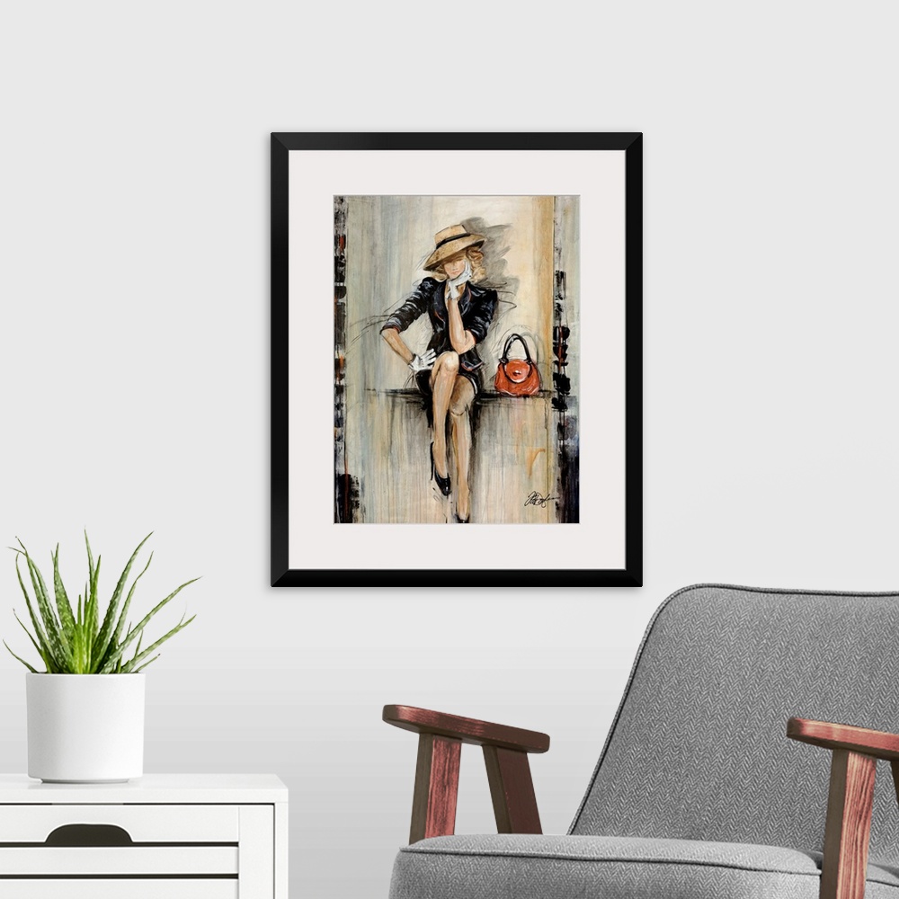 A modern room featuring Vertical, figurative art on a big canvas of a woman in a fashionable dark dress and hat, with glo...