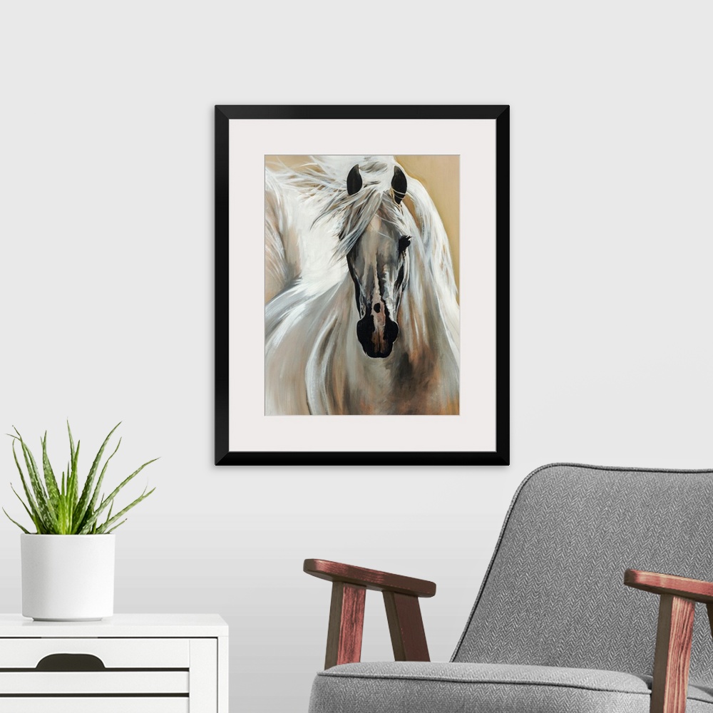 A modern room featuring Contemporary painting of a horse galloping with its bright mane and tail flowing behind it.