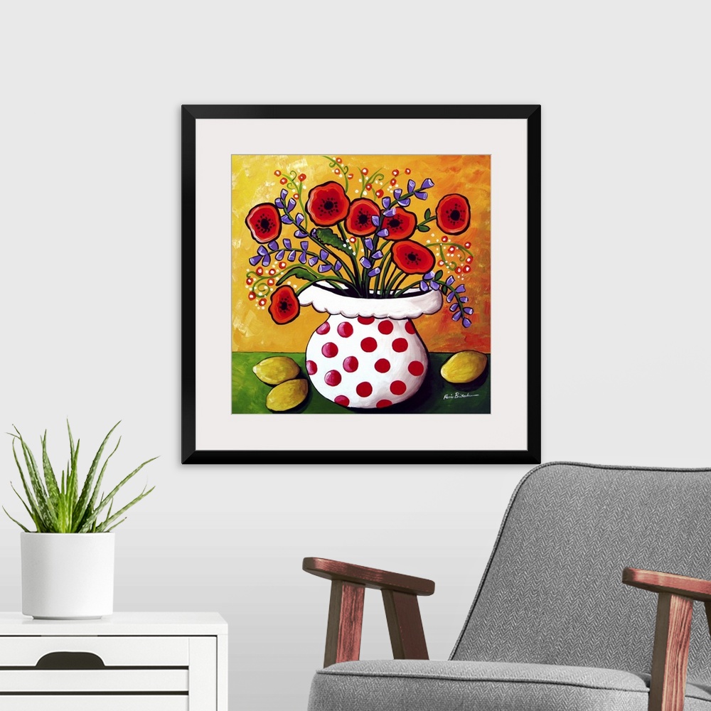 A modern room featuring Fun, colorful floral with red Poppies and lemons.