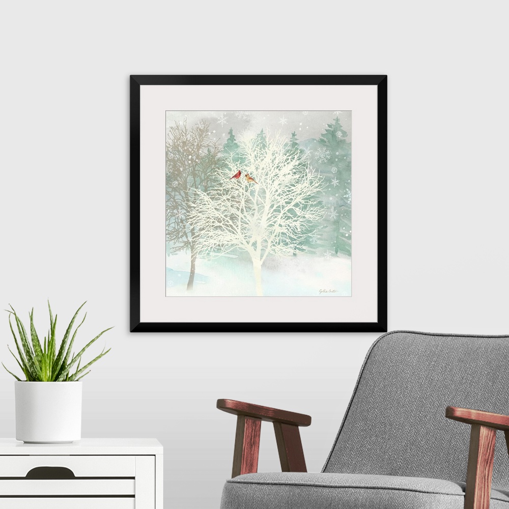 A modern room featuring A group of bare trees with red birds as snowflakes fall.
