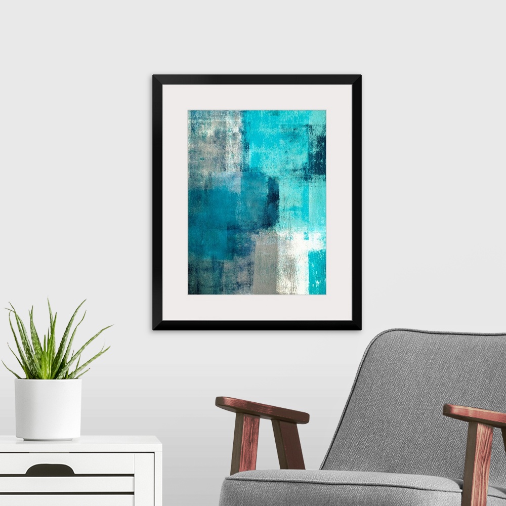 A modern room featuring This teal and grey artwork is the perfect choice for any room or project in need of a trendy abst...