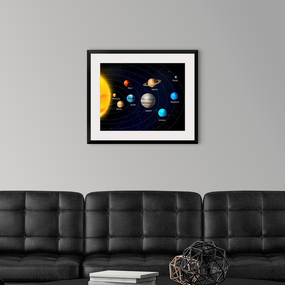 A modern room featuring Solar system background with sun and planets on orbit vector illustration.