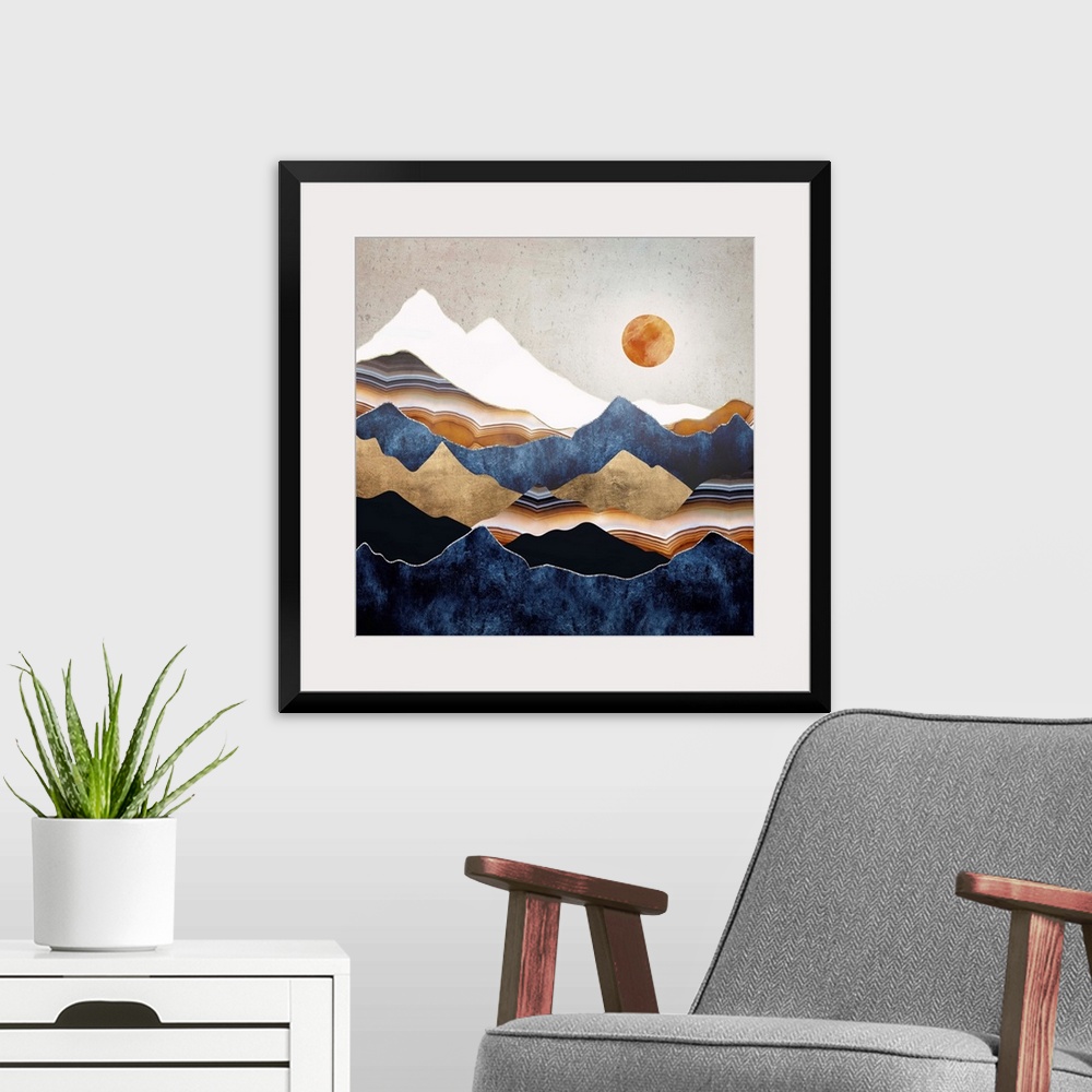 A modern room featuring Abstract depiction of a landscape with an amber sun and mountains.
