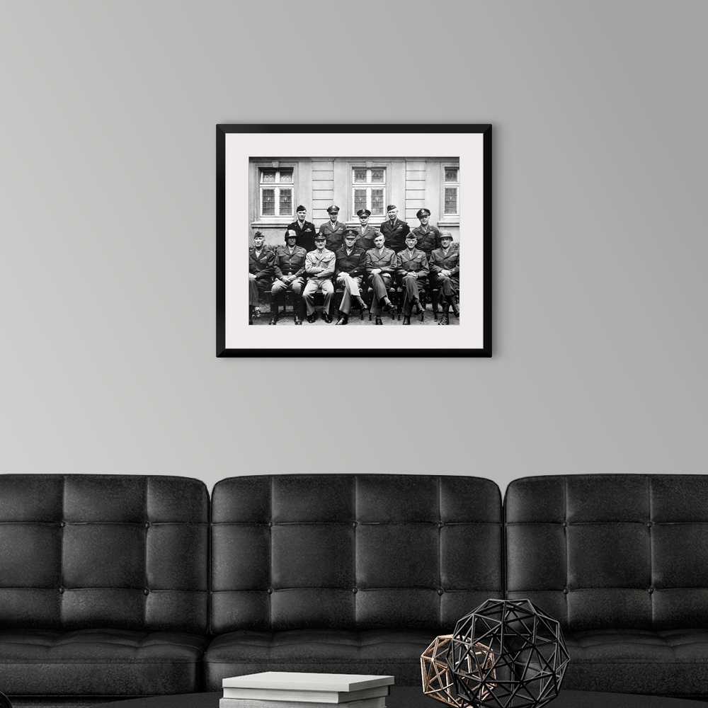 A modern room featuring Digitally restored vintage World War II photo of the senior American military commanders of the E...