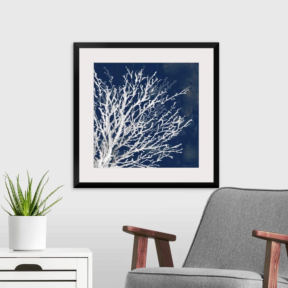 A modern room featuring This is square artwork for the home, office, or beach house that is a drawing of coral over a con...