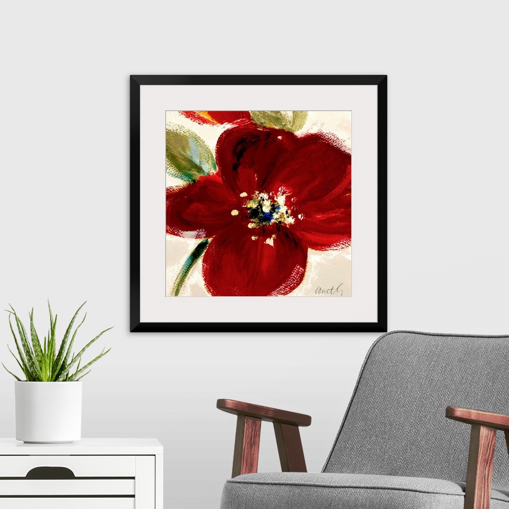 A modern room featuring Oversized, square floral painting of a large flower with several leaves on a neutral background. ...