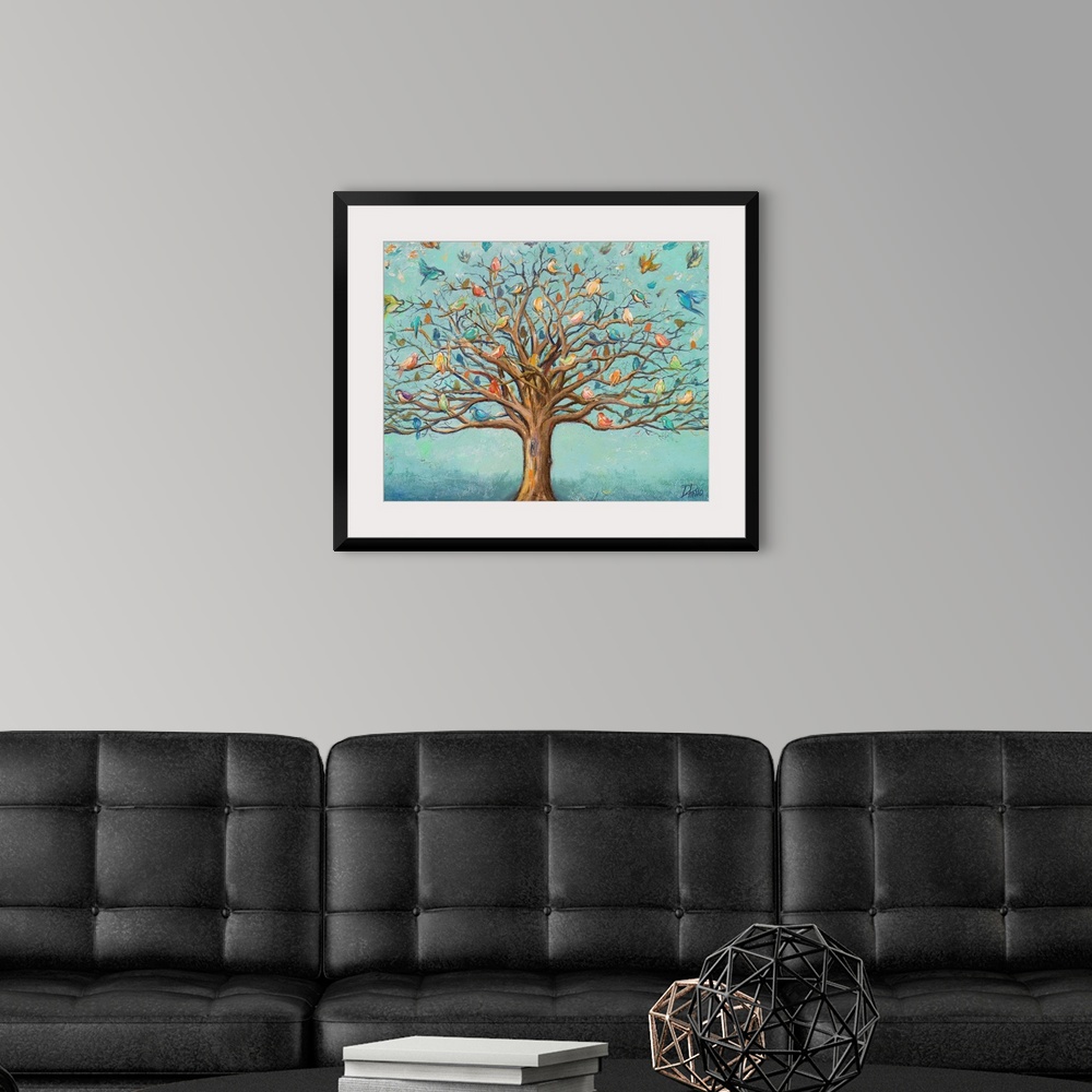 A modern room featuring Artwork of a tree with branches full of colorful birds.