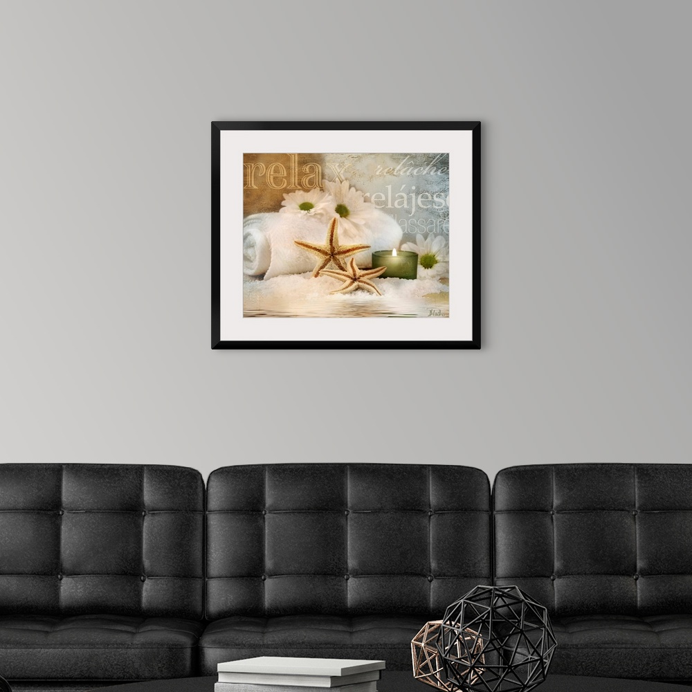 A modern room featuring Seaside spa themed home docor wall art of daisies, starfish, a candle, and super imposed typograp...