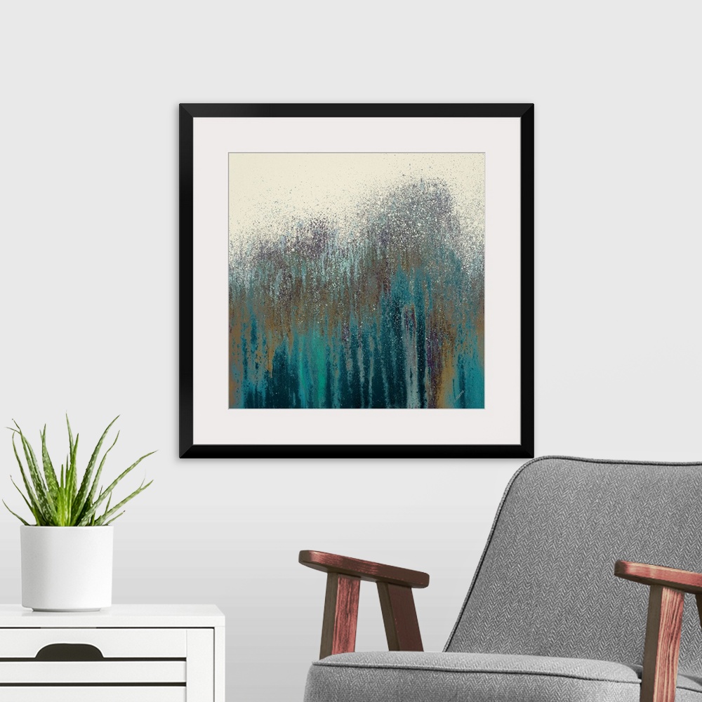 A modern room featuring This square abstract painting of streaks and splatters of paint makes a wonderful decorative acce...