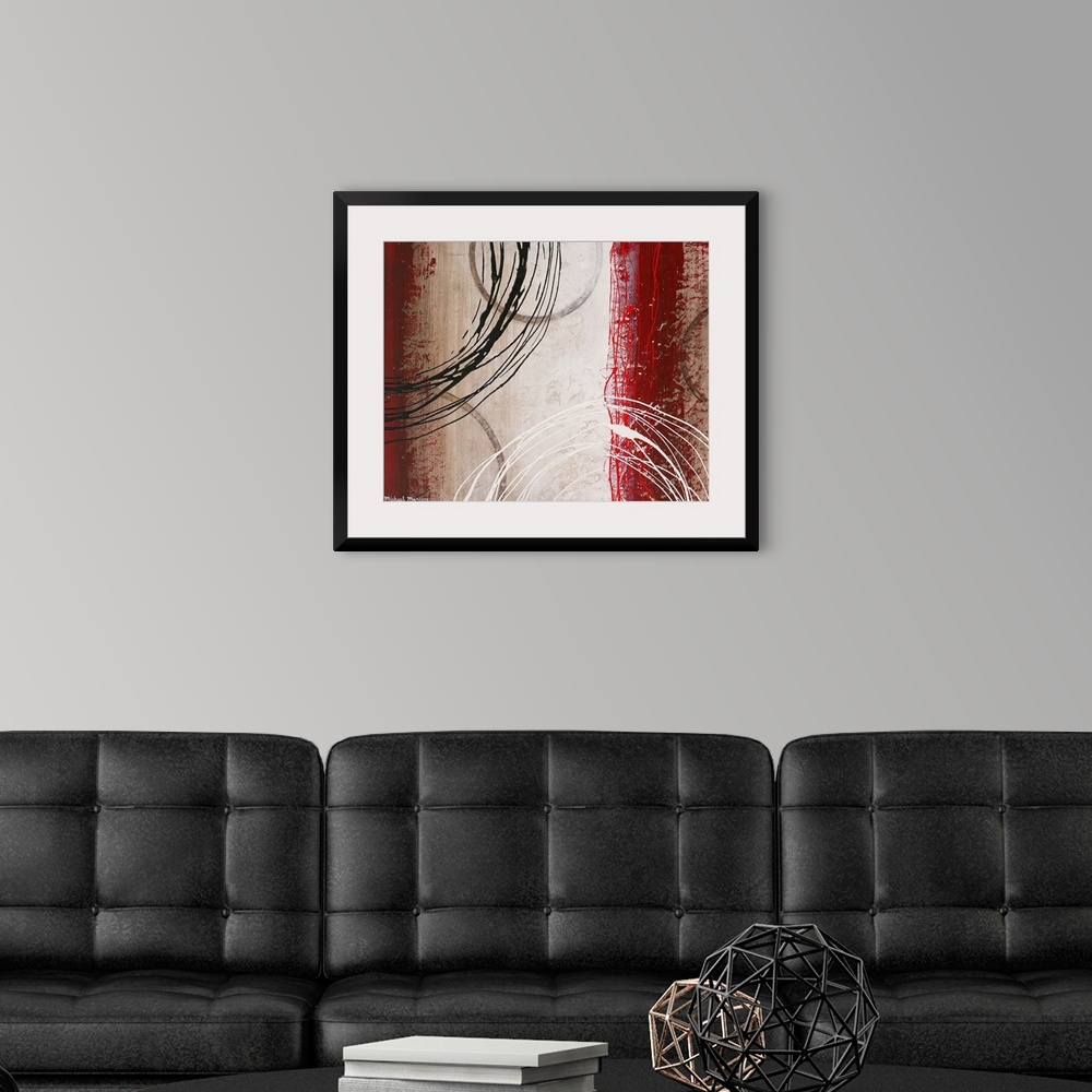 A modern room featuring Big abstract art includes a variety of vertical rectangles with textured sides and warm tones sit...