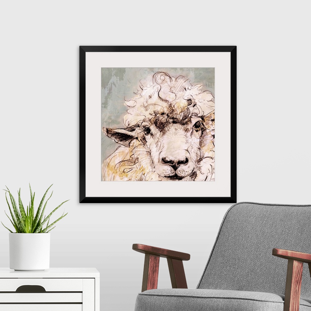 A modern room featuring Contemporary artwork of a sheep against a muted pale gray background.