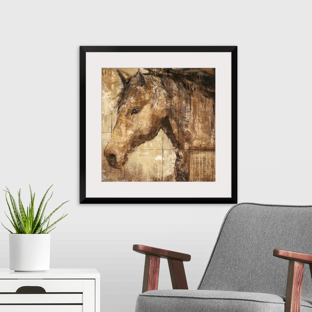 A modern room featuring A contemporary portrait of a horse available on square shaped wall art for the home or office.