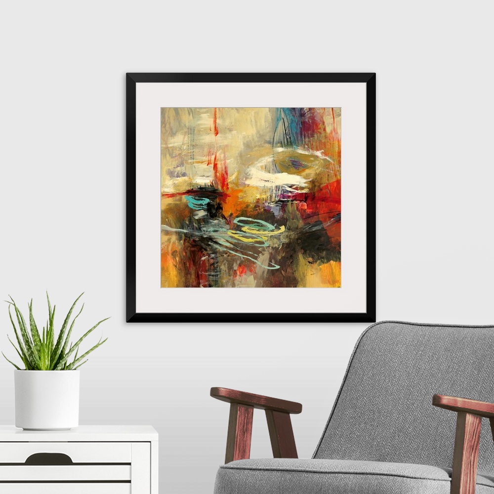 A modern room featuring A chaotic blend of brush strokes on a square canvas with a centered composition.