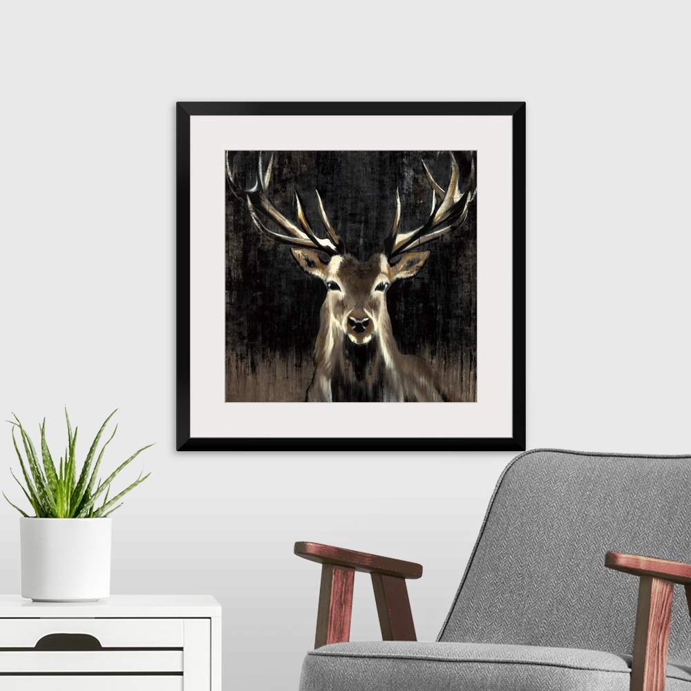 A modern room featuring Contemporary painting of a stag against a dark background.
