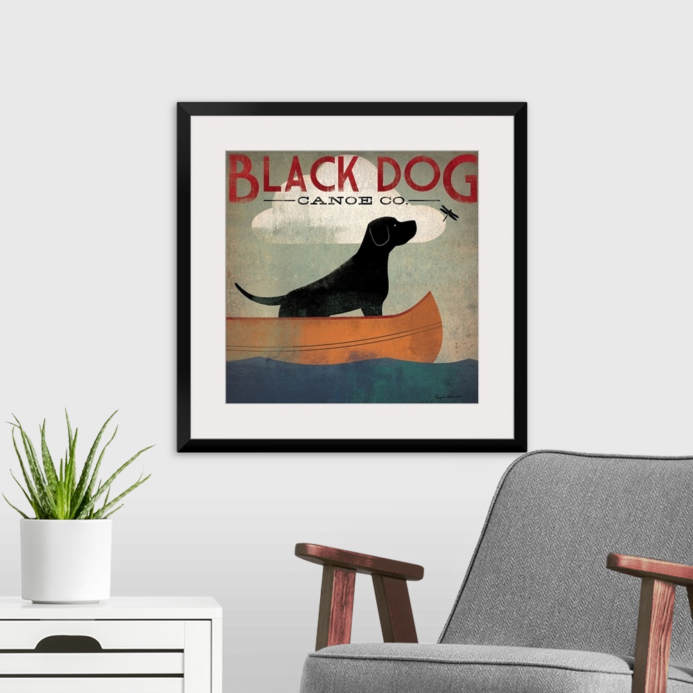 A modern room featuring Contemporary artwork of a stylized black dog sitting in a canoe looking at a dragon fly with an o...