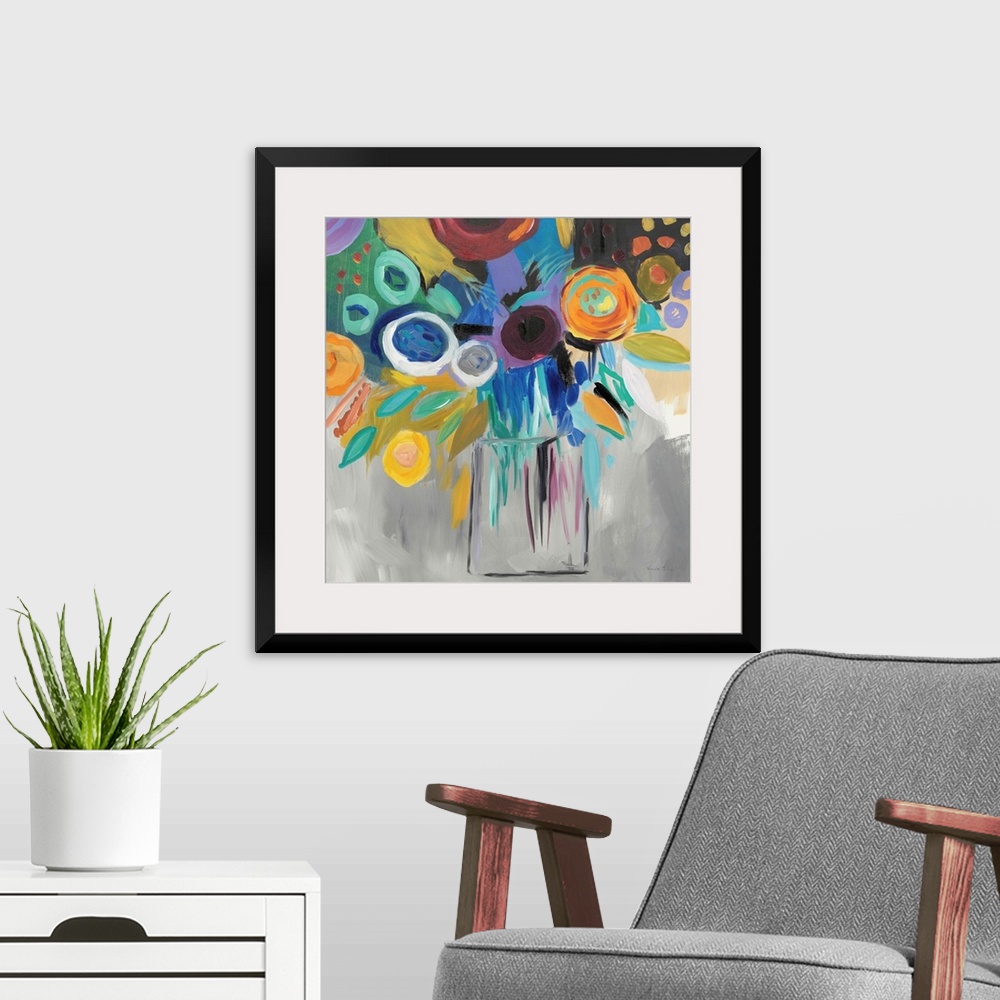 A modern room featuring Square abstract painting of a bold floral arrangement on a grey background.