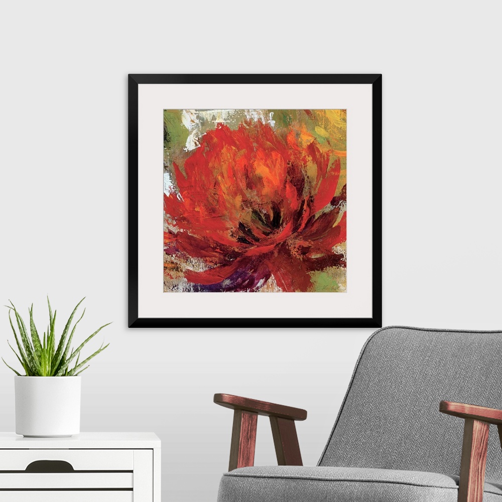 A modern room featuring Large contemporary art portrays a close-up of a single flower.  Artist uses an abundance of earth...