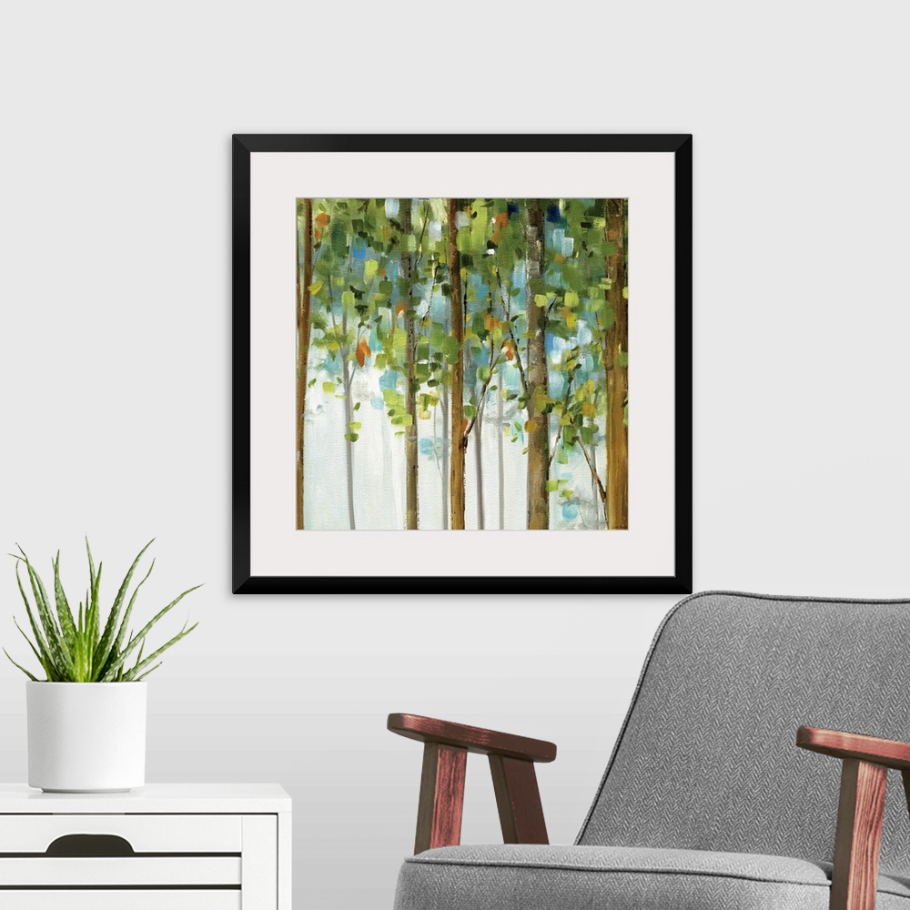 A modern room featuring Contemporary painting of trees full of leaves.  The leaves are created from short, thick, square ...