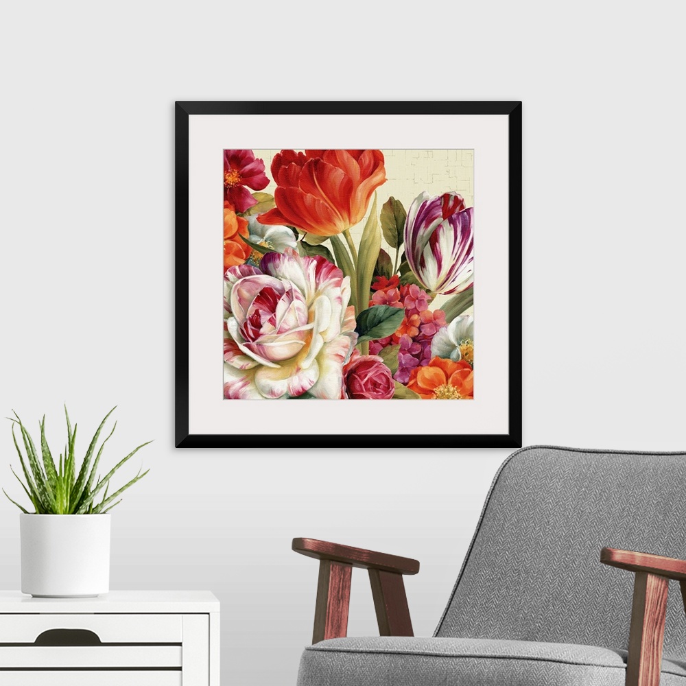 A modern room featuring Big contemporary art focuses on a colorful arrangement of different flowers.