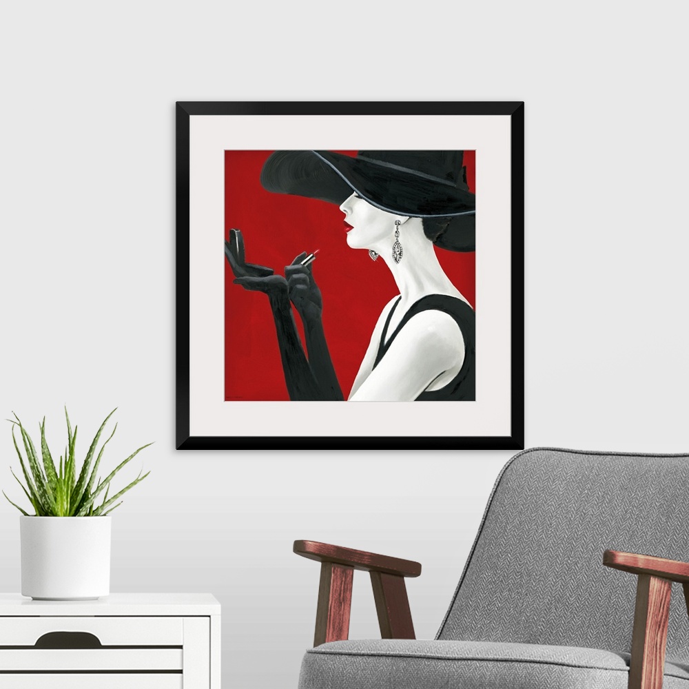 A modern room featuring A square painting of a pale woman in profile wearing a black dress, an enormous hat, and elbow le...