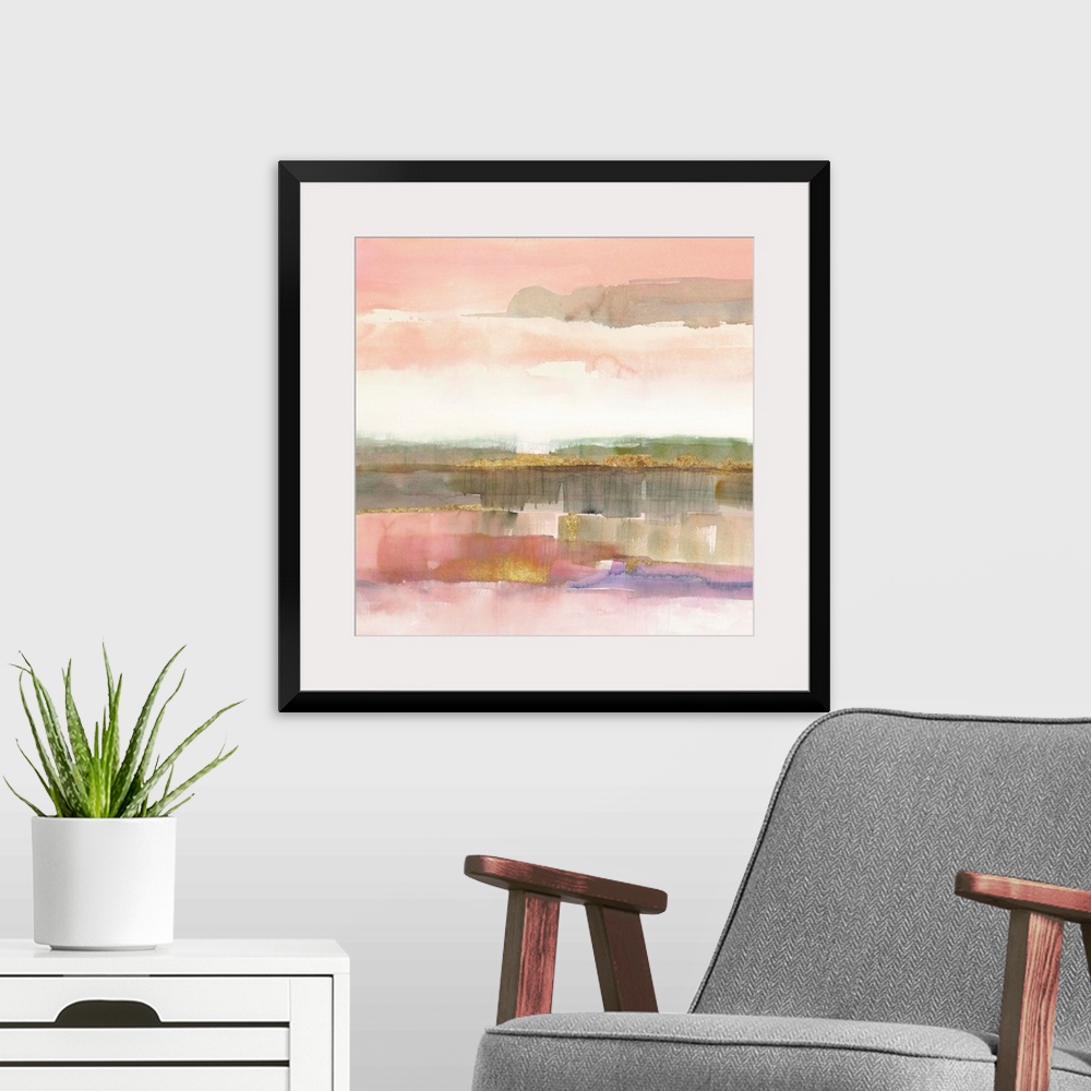 A modern room featuring Pastel watercolor abstract in pink and grey.