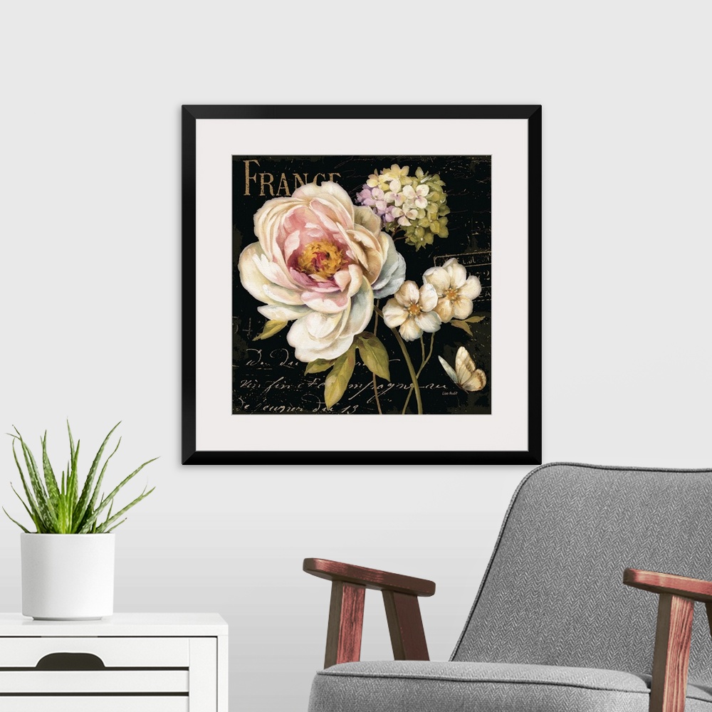 A modern room featuring Painting of floral bouquet with fancy script text in background.