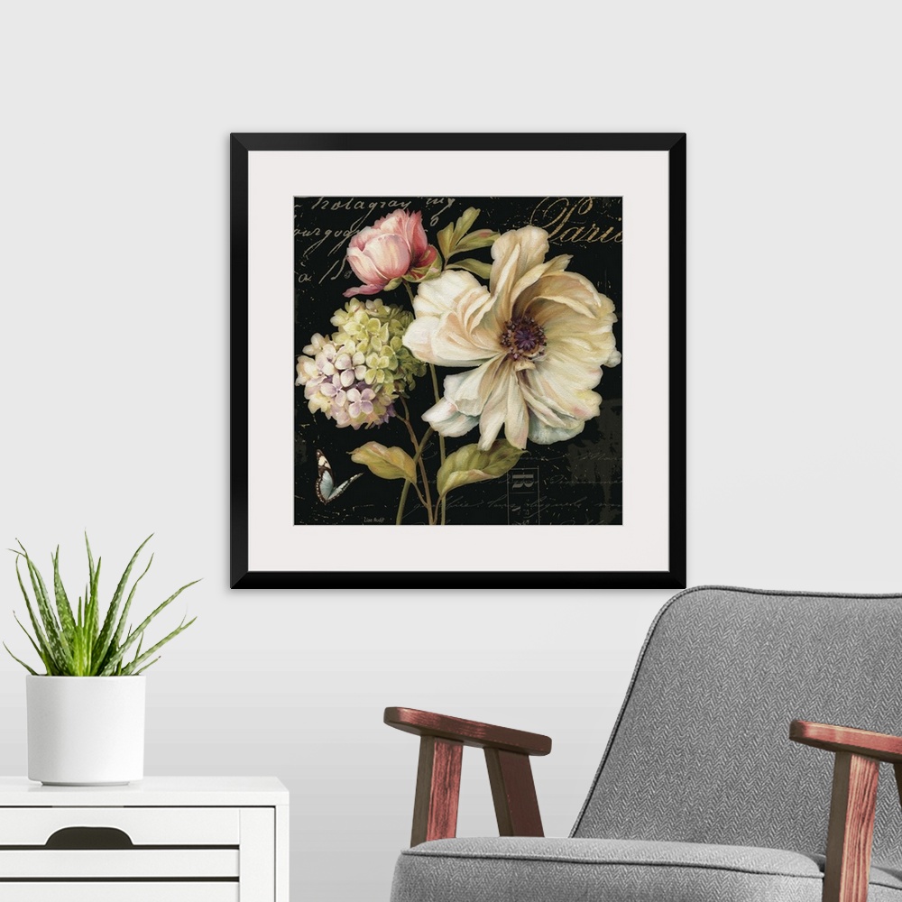 A modern room featuring Contemporary artwork of flowers against a text background.