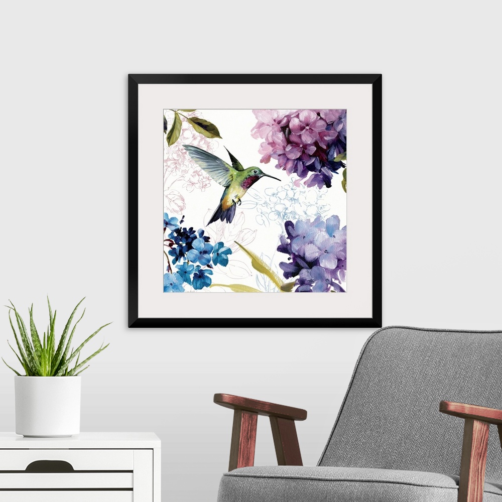 A modern room featuring Home docor painting of a hummingbird in flight surrounded by hydrangea flower blooms.