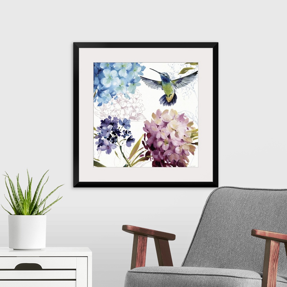 A modern room featuring Square painting on a large wall hanging of several colorful, small bunches of flowers, a hummingb...