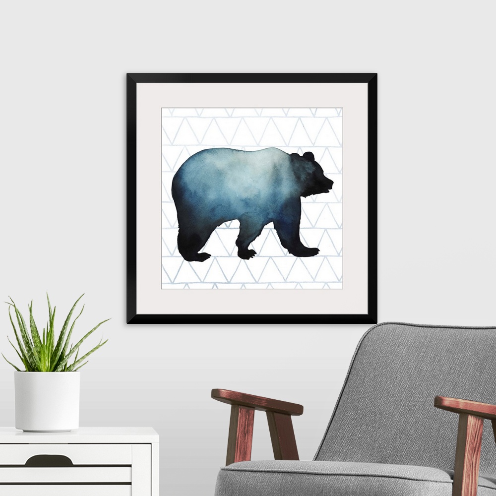 A modern room featuring Watercolor bear silhouette on a grey geometric background.