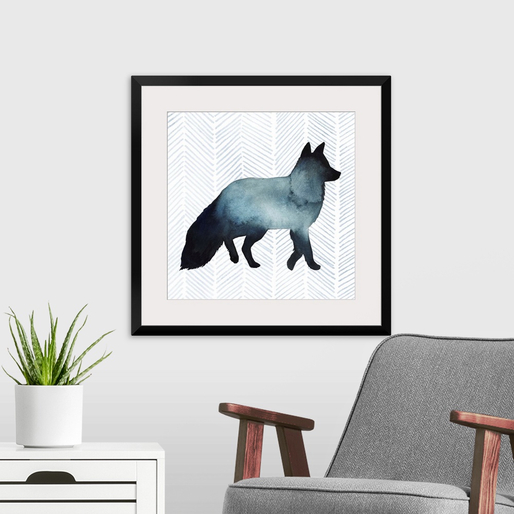 A modern room featuring Watercolor fox silhouette on a grey geometric background.