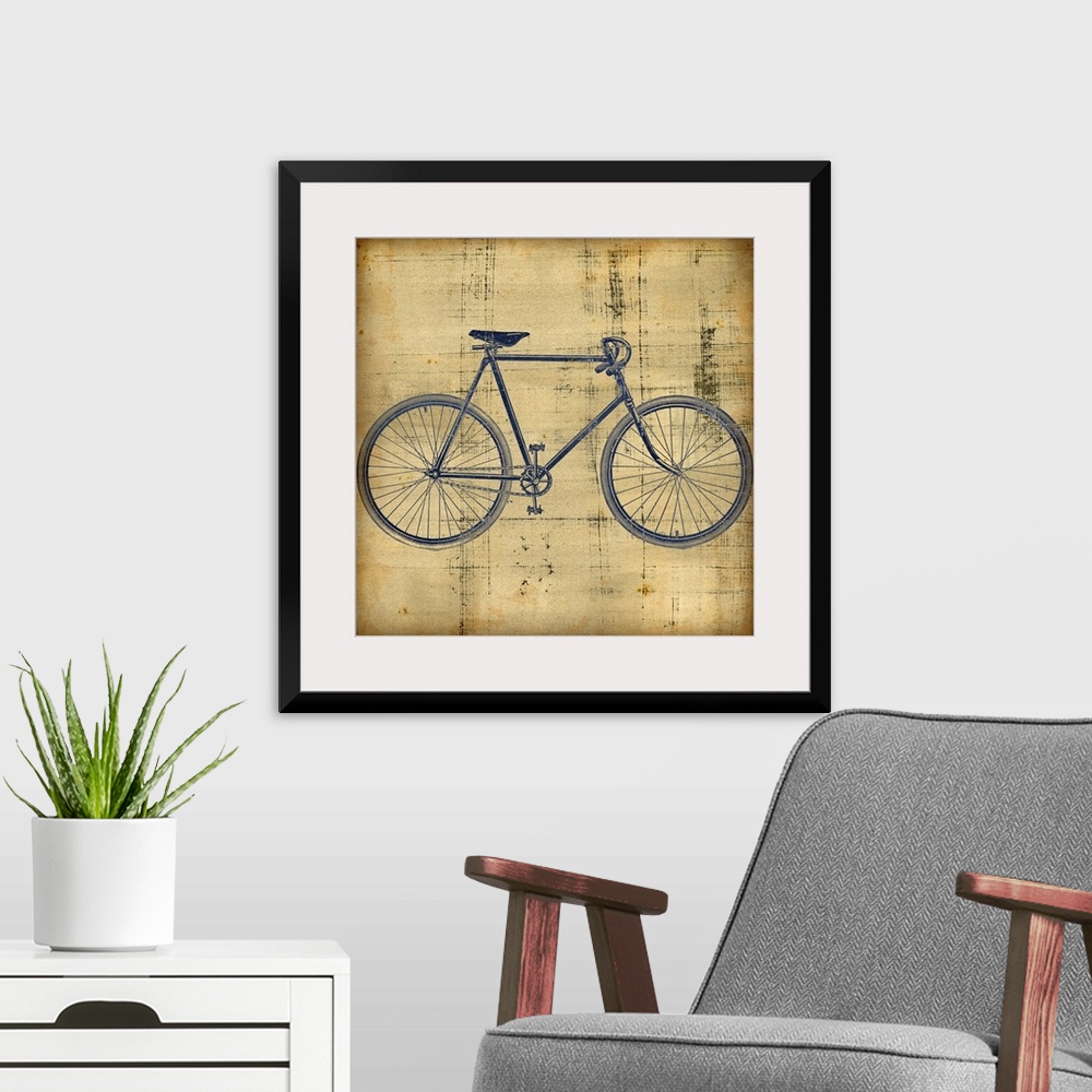 A modern room featuring Square canvas painting of a bicycle on top of a grungy textured backdrop.