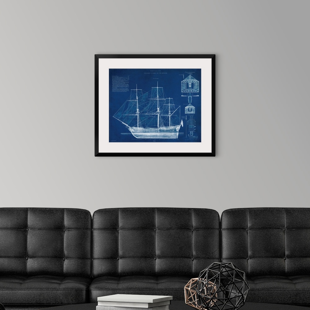 A modern room featuring Antique Ship Blueprint IV