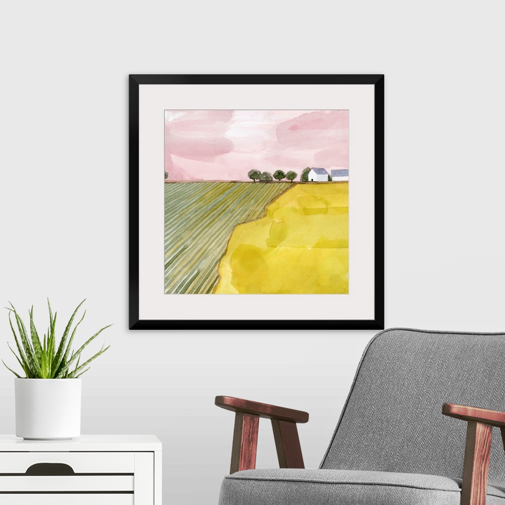 A modern room featuring Pink and green contemporary watercolor landscape.